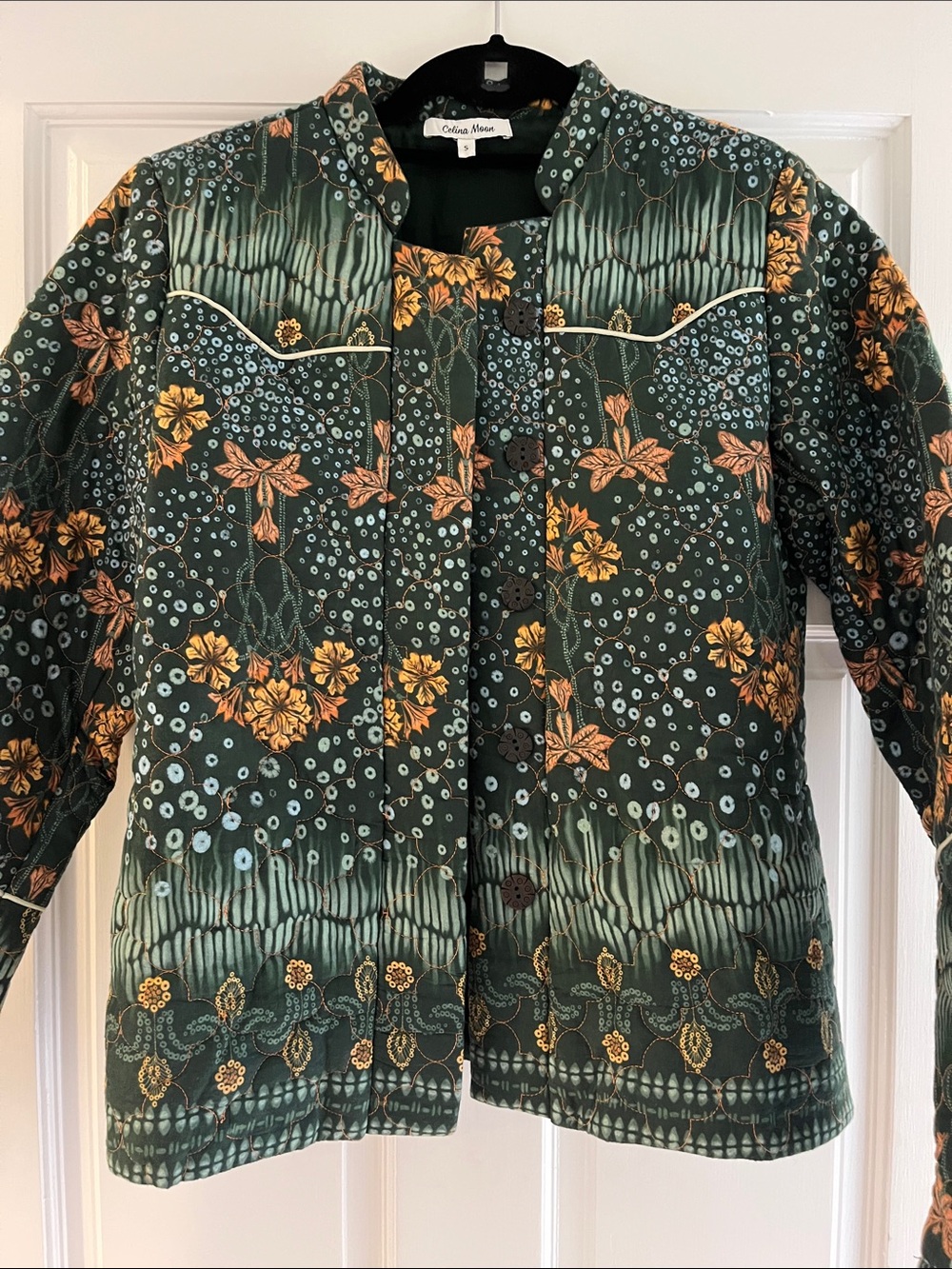 CELINA MOON Green Quilted Floral Utility Jacket with Gold Accents
